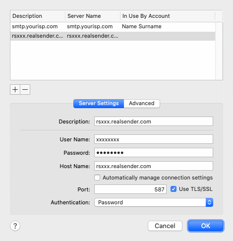 osx mail - accounts - server settings - smtp server list