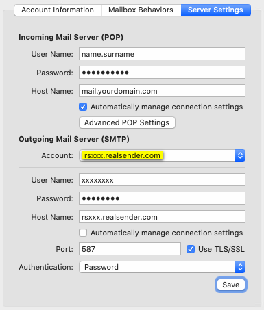 osx mail - accounts - server settings