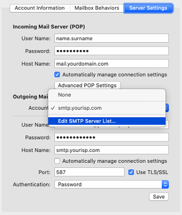 osx mail - accounts - server settings - edit smtp