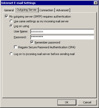 Outlook 2007 - Internet E-mail Settings - Outgoing Server