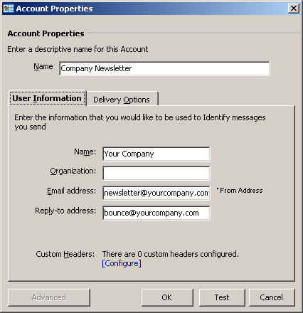 GroupMail - account properties - user information