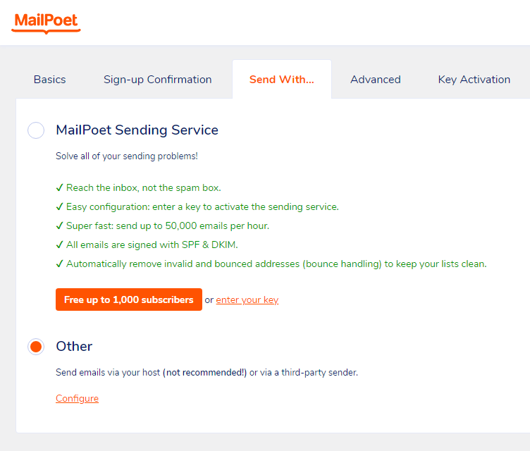 mailpoet - settings - send with