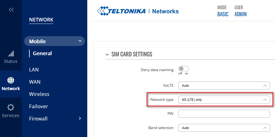 Mobile SIM card settings 4G (LTE) only